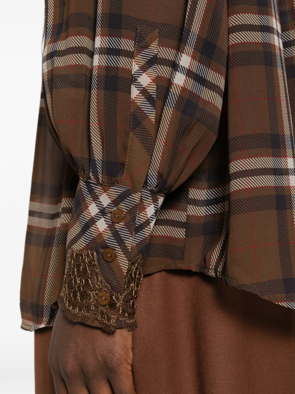 ERMANNO FIRENZE Geruite blouse met kanten afwerking Bruin