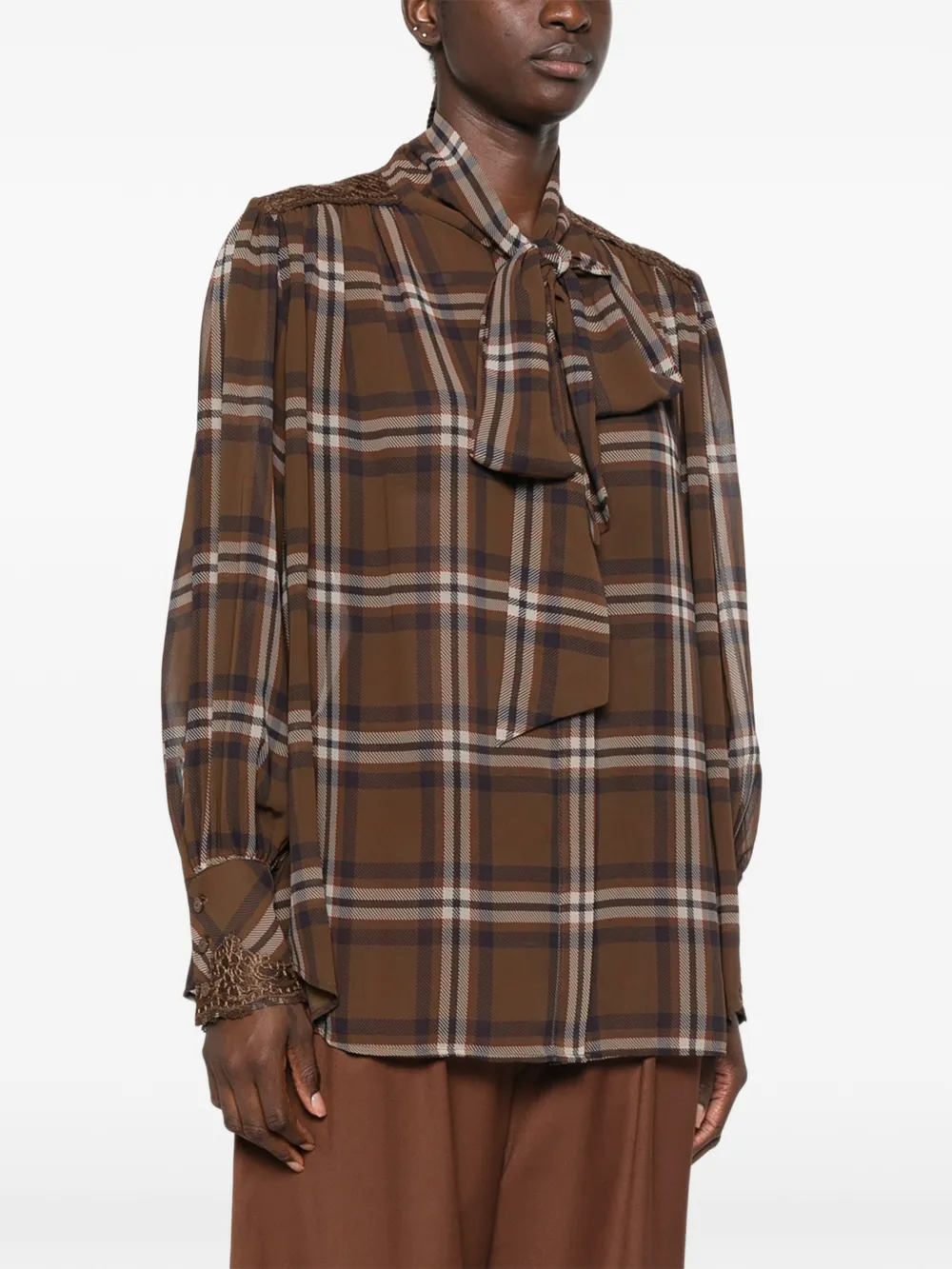 ERMANNO FIRENZE Geruite blouse met kanten afwerking Bruin
