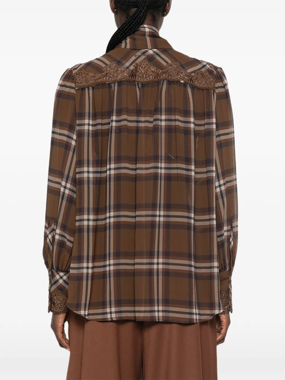 ERMANNO FIRENZE Geruite blouse met kanten afwerking Bruin