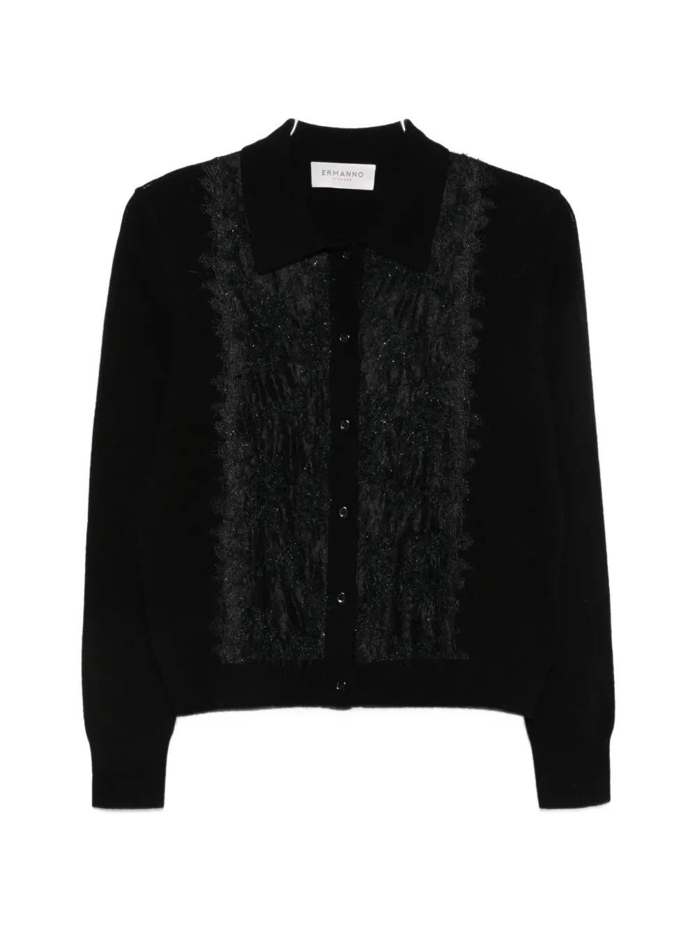 ERMANNO FIRENZE lace-panelled polo-collar cardigan - Nero