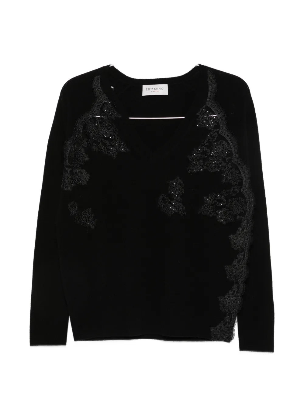 ERMANNO FIRENZE lace-panelled V-neck sweater - Nero