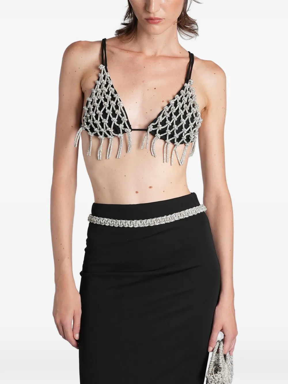 Hibourama Triangle crystal-embellished fringed top - Nero