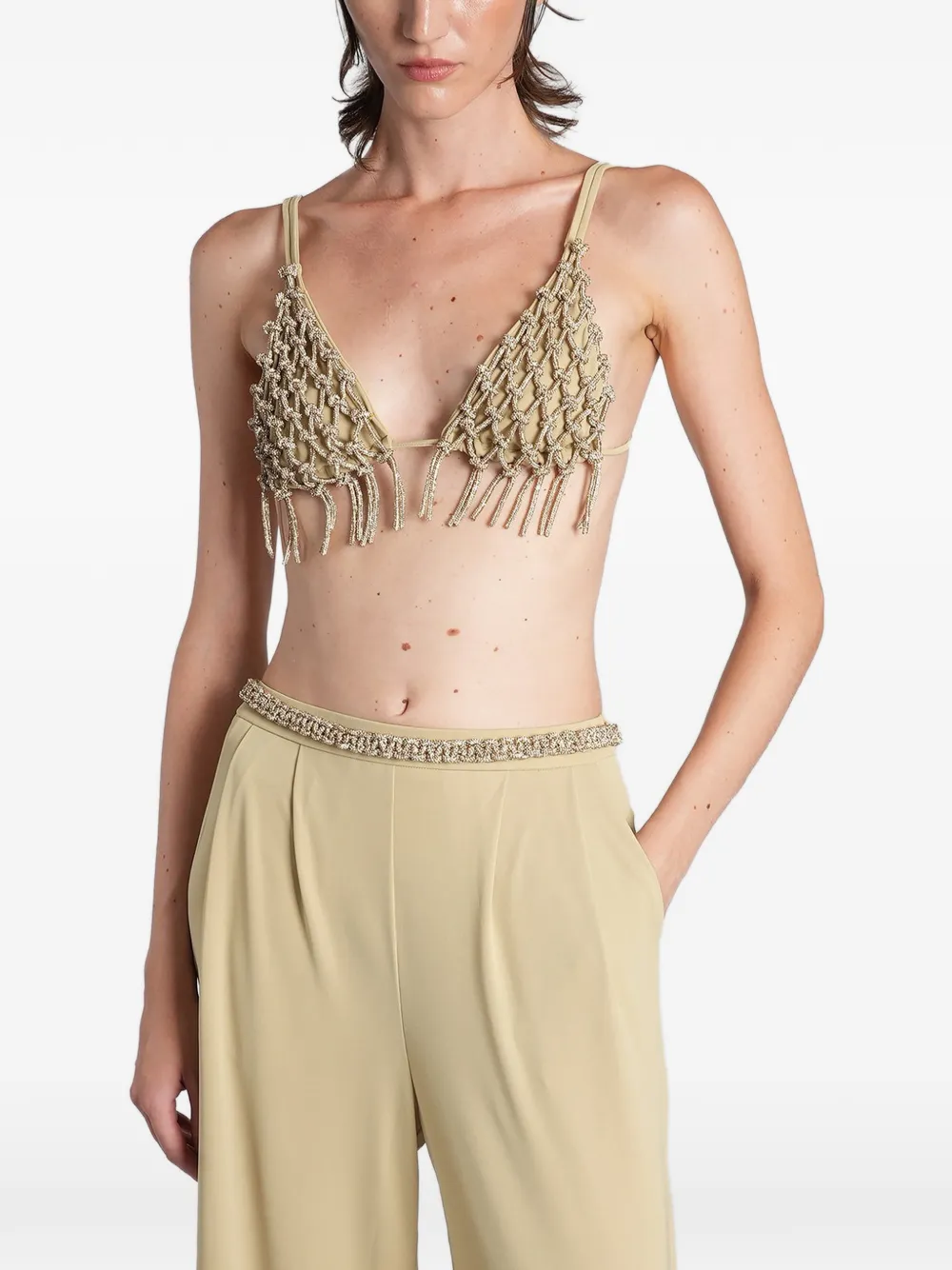 Hibourama Triangle embroidered fringed top - Verde