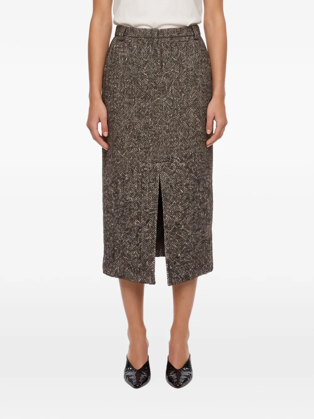 THELAURENT herringbone front-slit midi skirt - Marrone