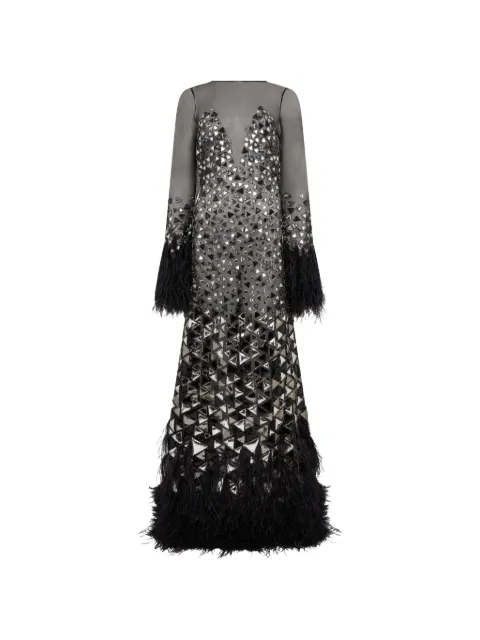 Alberta Ferretti feather-trim mirrored A-line maxi dress