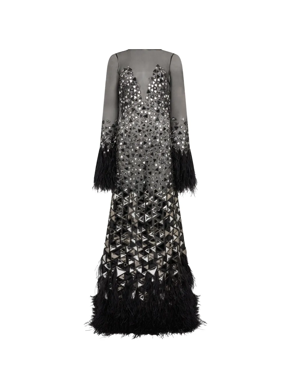 Alberta Ferretti feather-trim mirrored A-line maxi dress