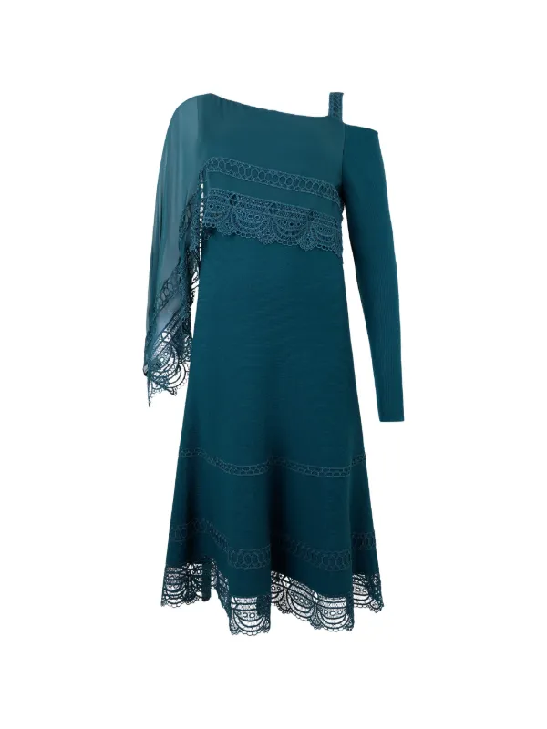 mid calf a line dress Alberta Ferretti Asymmetrical lace-trim A-line mid-length | Blue Color:BROWN Former 'Bachelorette' Hannah Brown Think Bridal Regular Occasion