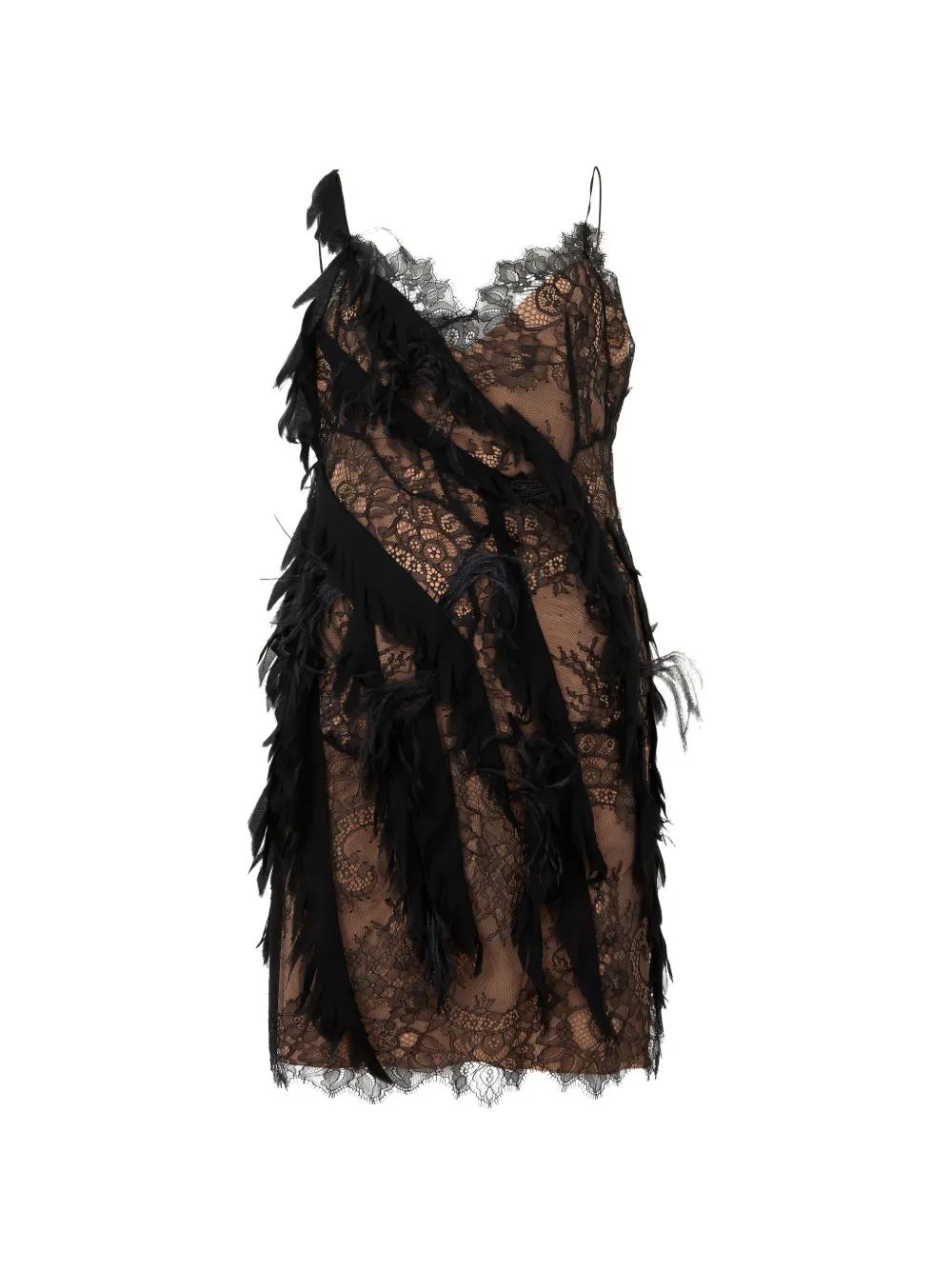 Alberta Ferretti feather-embellished lace-insert mini dress - Schwarz