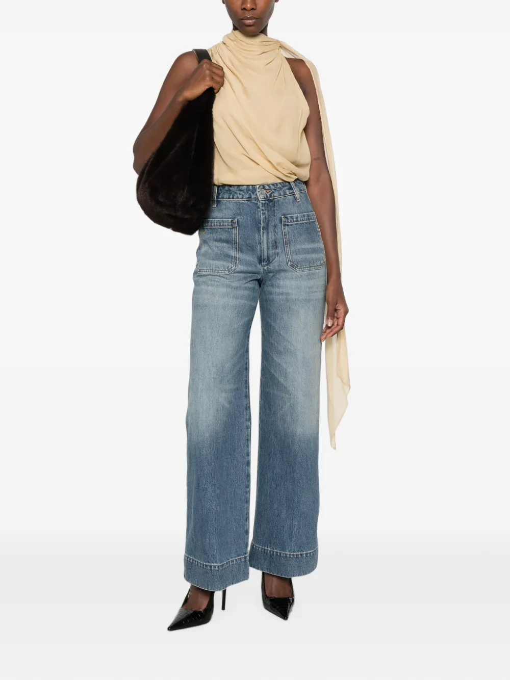 Victoria Beckham Jeans met wijde pijpen en opgestikte zak Blauw