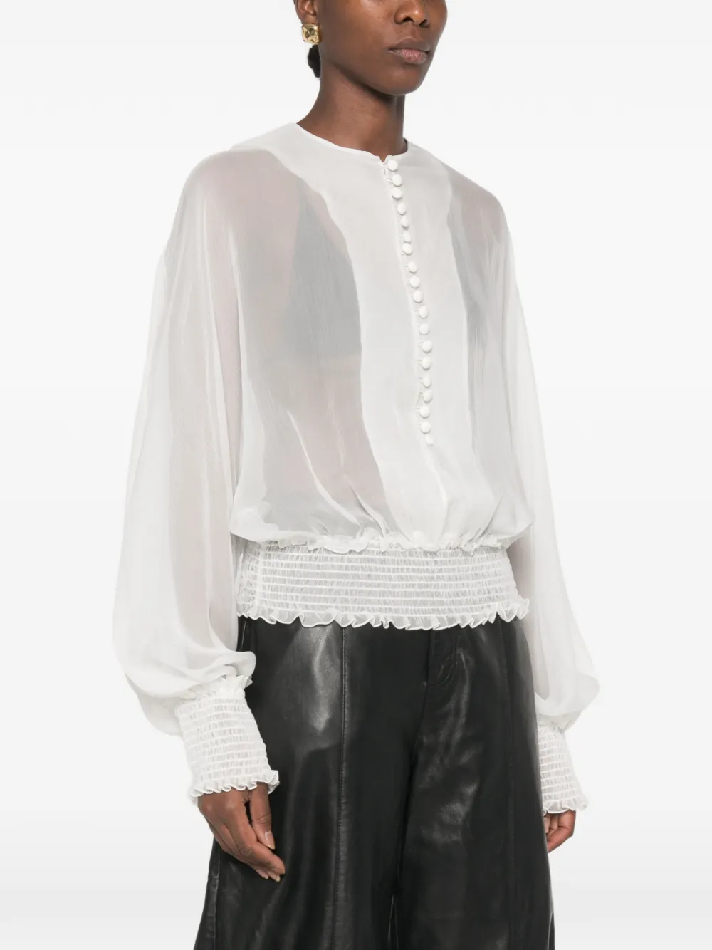 Balmain Zijden-chiffon blouse met gesmockte taille Wit