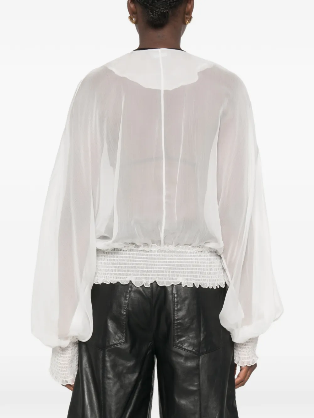 Balmain Zijden-chiffon blouse met gesmockte taille Wit