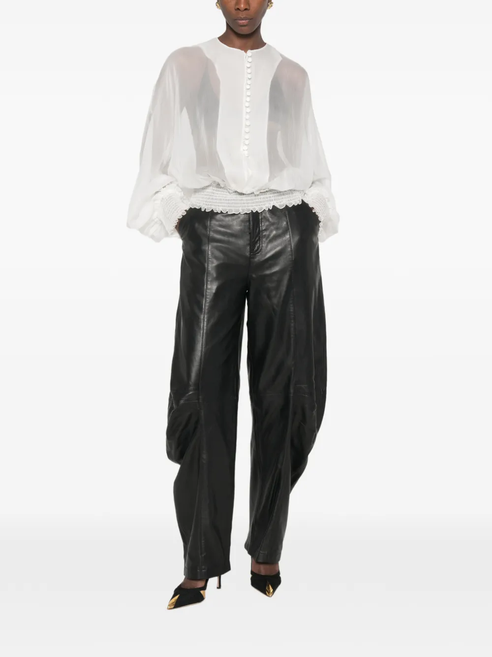 Balmain Zijden-chiffon blouse met gesmockte taille Wit
