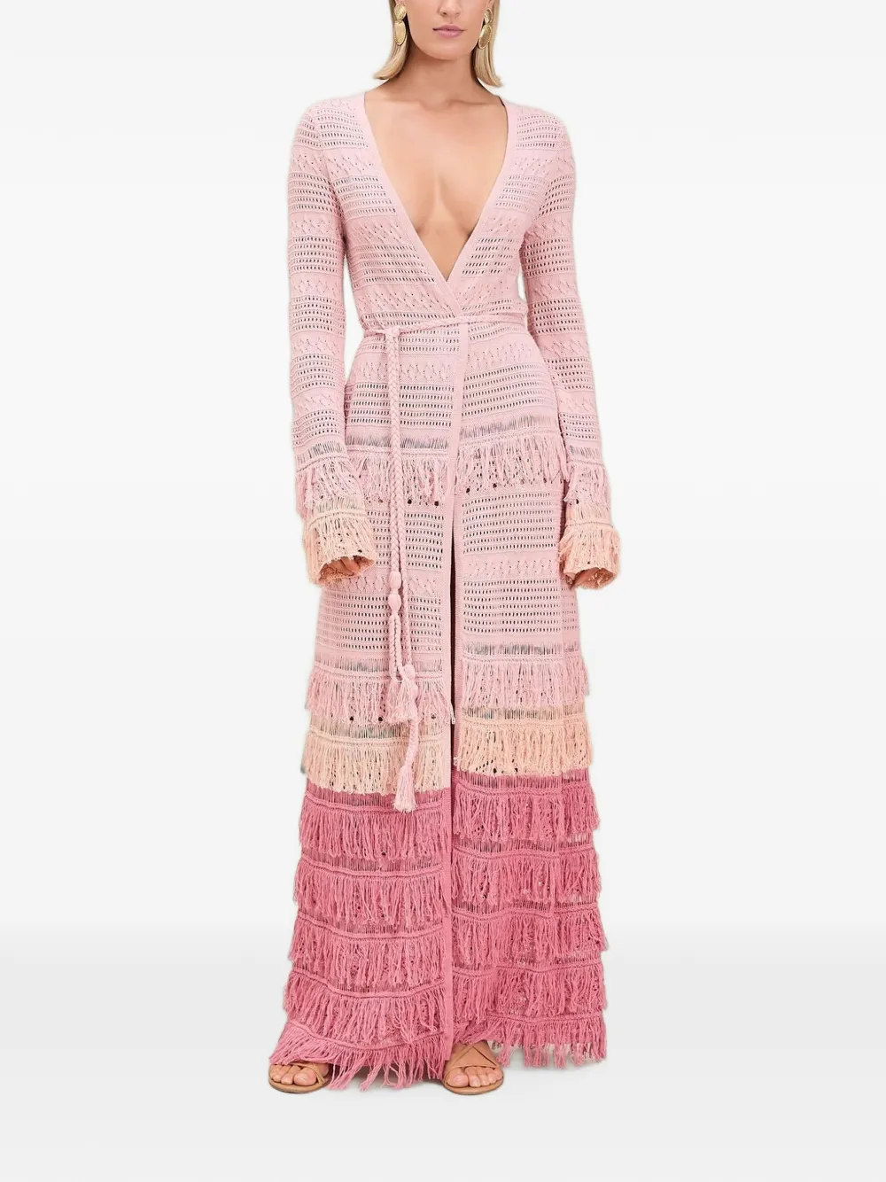 Devon Windsor Maureen fringed crochet-knit robe - Rosa