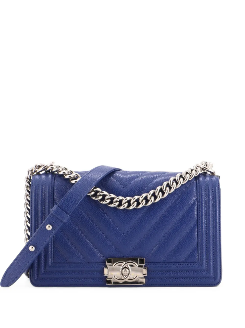 CHANEL Pre-Owned Borsa a spalla Boy media in pelle Caviar con motivo chevron e battente - Blu