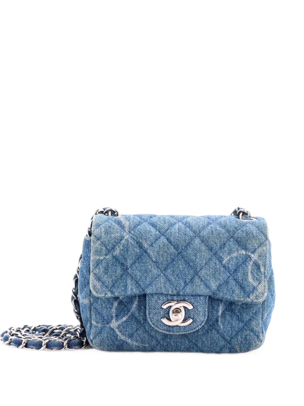 CHANEL Pre-Owned Square Classic Single Flap Bag Quilted CC Printed Denim Mini crossbody bag - Blu