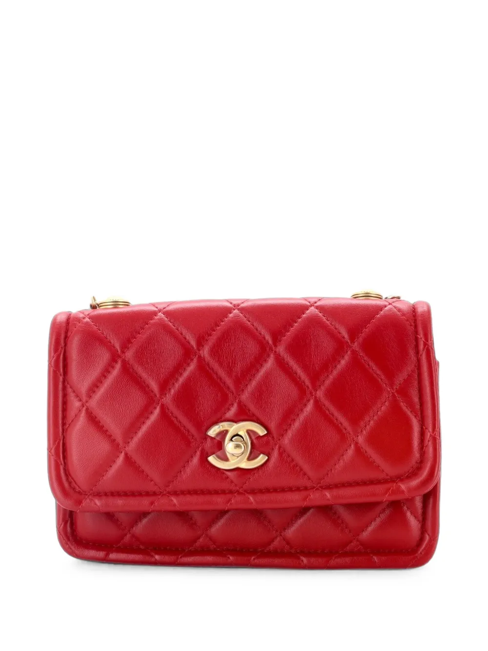 CHANEL Pre-Owned Button on Top Flap Clutch with Chain Quilted Shiny Lambskin Small shoulder bag - Rot