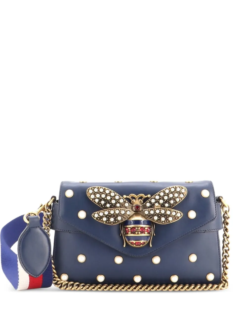 Gucci Pre-Owned Broadway Pearly Bee Embellished Leather Mini shoulder bag - Blu