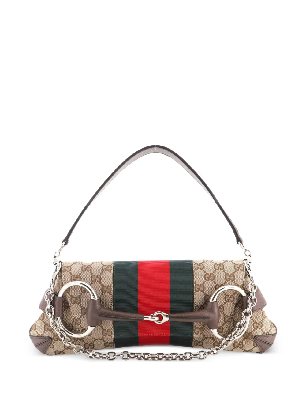Gucci Pre-Owned Borsa a spalla Horsebit NM media in tela GG con decorazione Web - Marrone