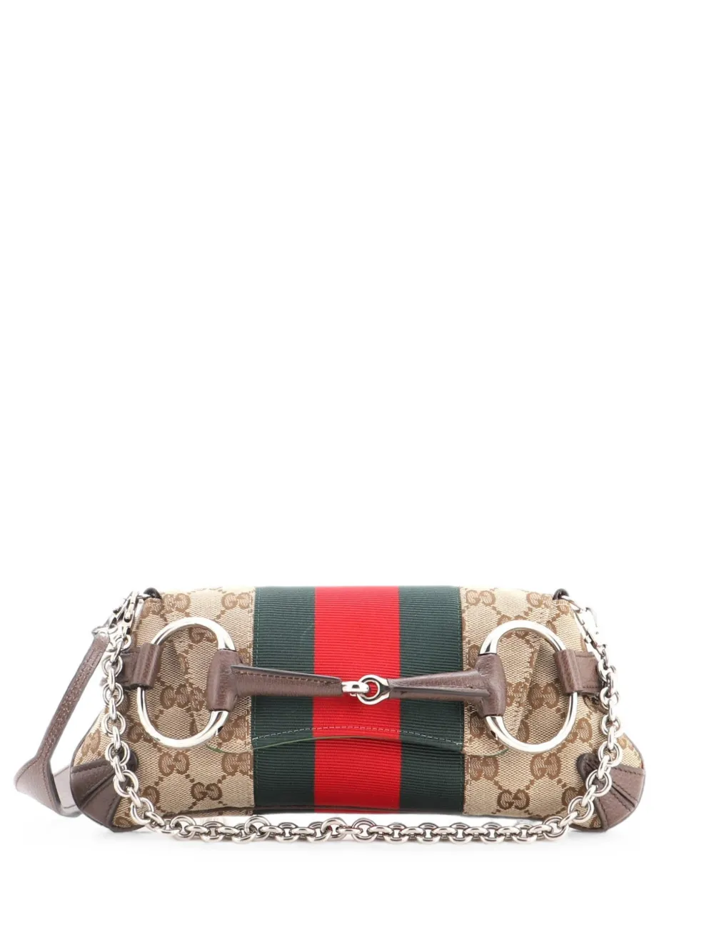 Gucci Pre-Owned Borsa a spalla Horsebit NM piccola in tela GG con decorazione Web e catena - Marrone