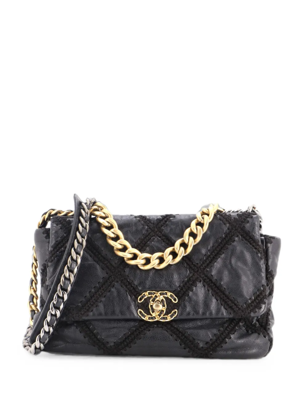 CHANEL Pre-Owned Borsa a spalla 19 grande in pelle di vitello trapuntata con battente e inserti all'uncinetto - Nero