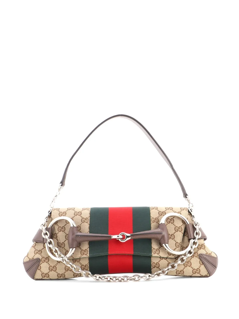 Gucci Pre-Owned Borsa a spalla Horsebit NM media in tela GG con decorazione Web - Marrone