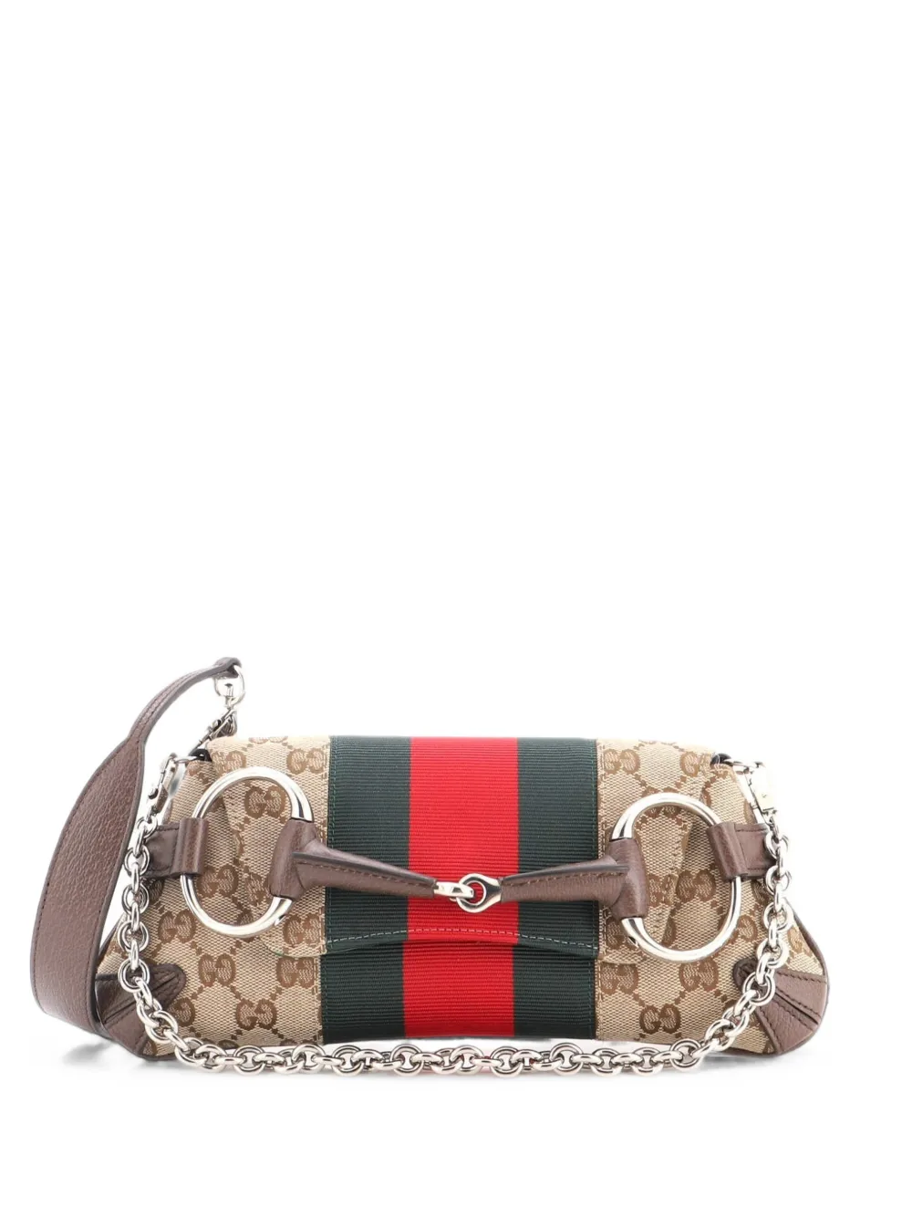 Gucci Pre-Owned Horsebit NM Web Chain Clutch GG Canvas Small shoulder bag - Braun