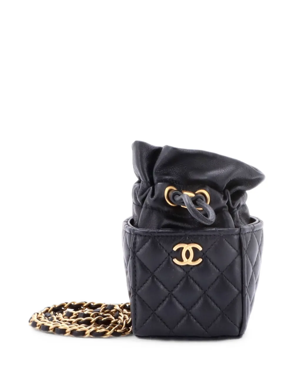 CHANEL Pre-Owned Drawstring Square Quilted Calfskin Mini bucket bag - Nero