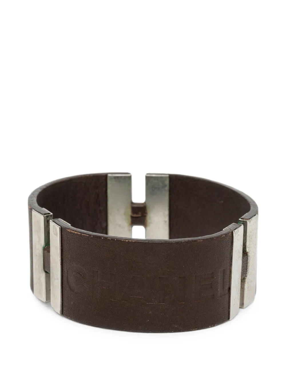 CHANEL Pre-Owned Bracciale rigido in pelle con logo impresso e ottone 2000 - Marrone