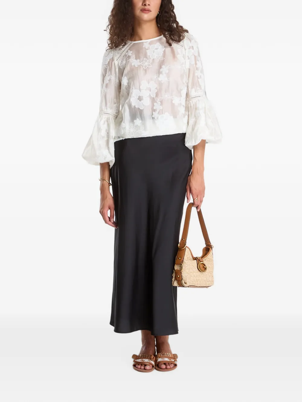 GUESS USA Blouse met geborduurde bloemen en klokmouwen Wit