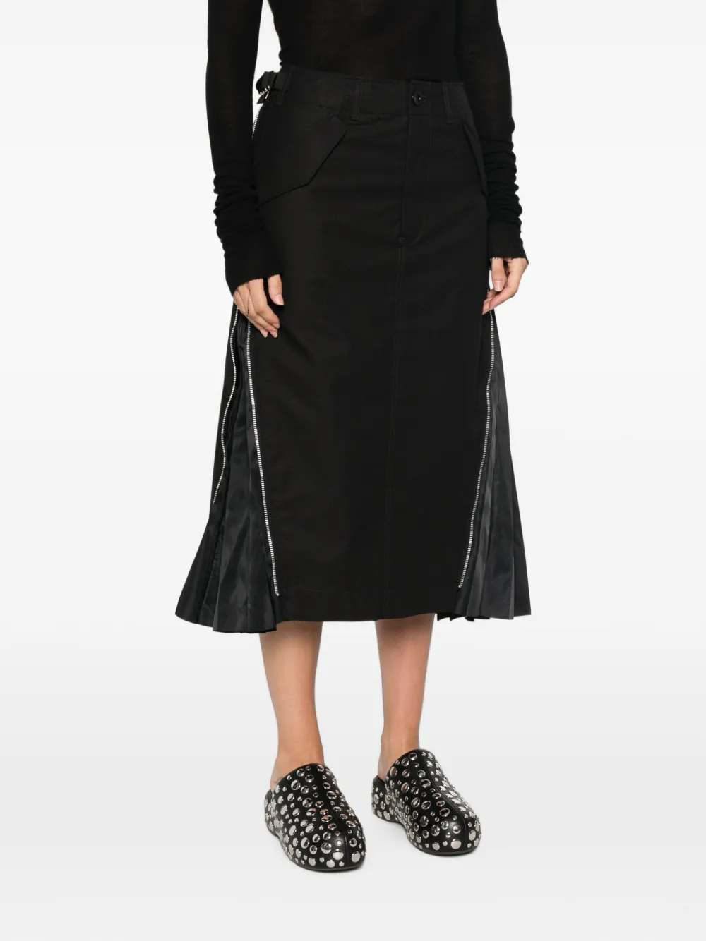 sacai Midi-plooirok met ritsdetail Zwart