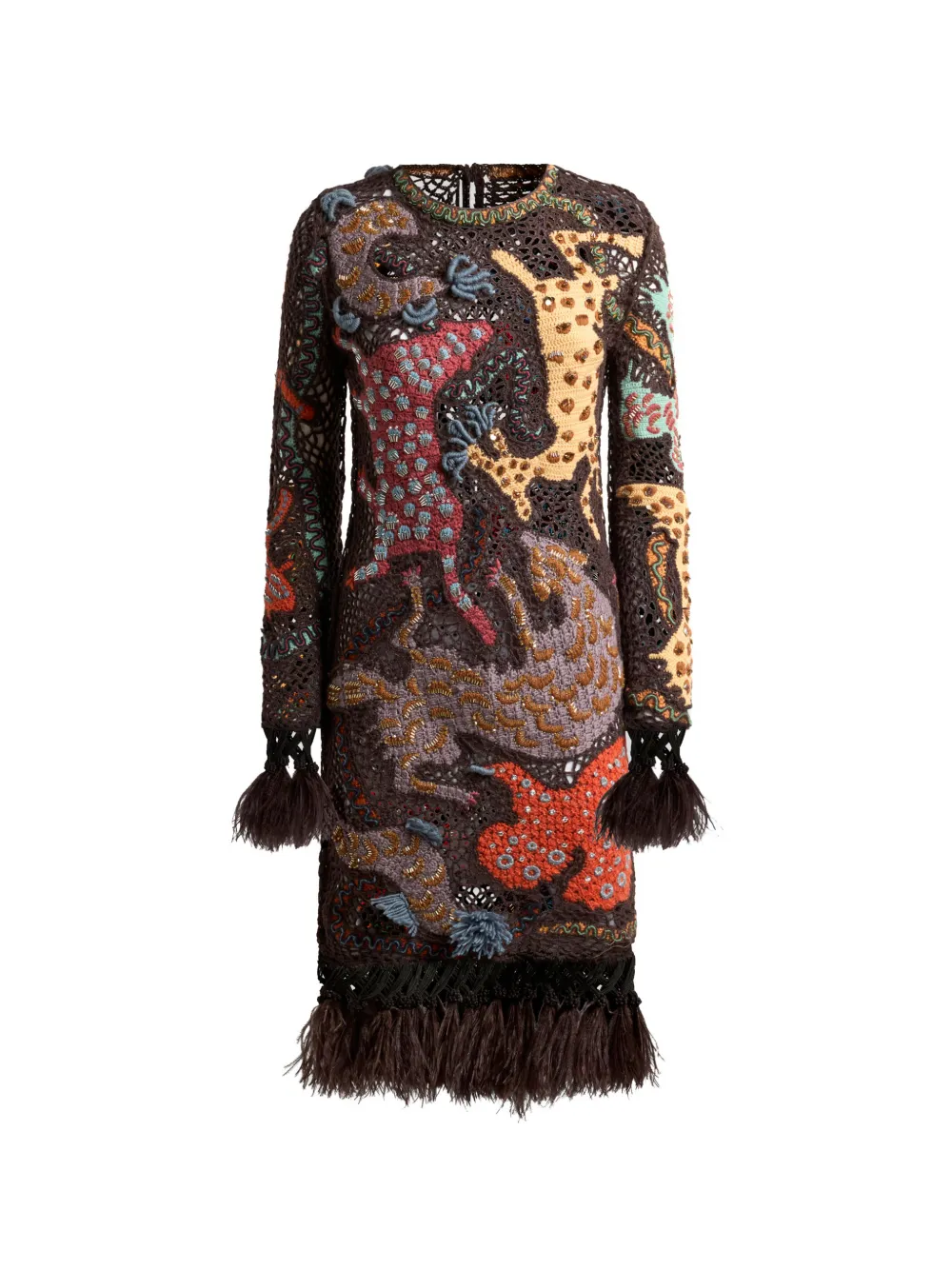 ETRO embroidered crocheted wool mini dress with feather trim