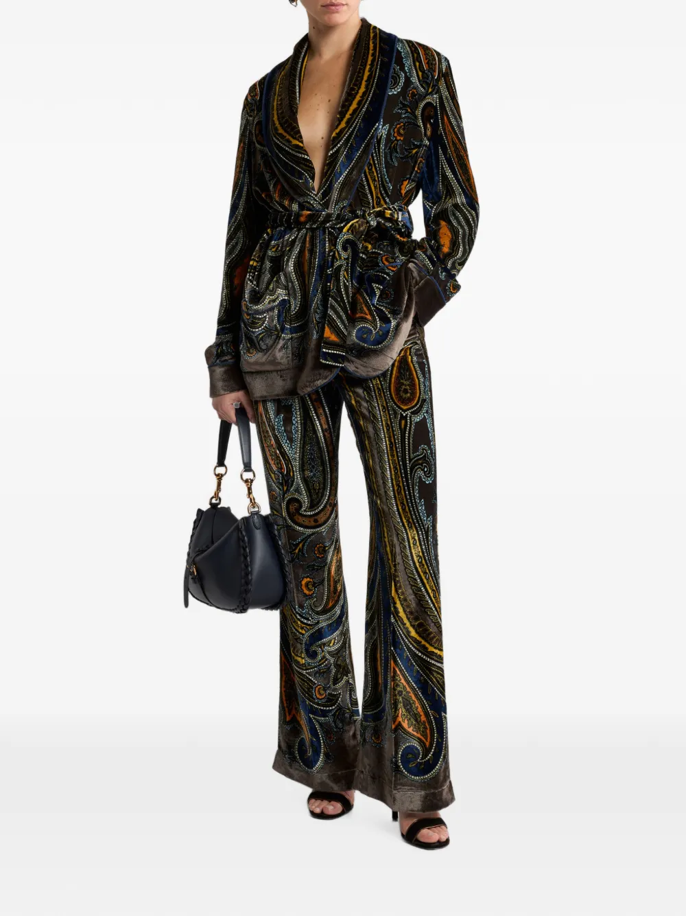ETRO velvet jacket with belt and Paisley motif Bruin