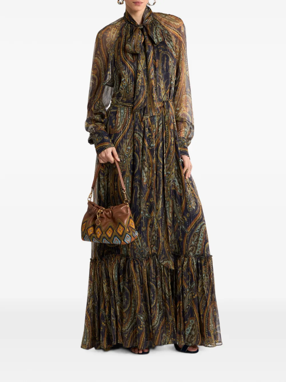 ETRO Zijden maxi-jurk met strik en paisley-patroon Bruin