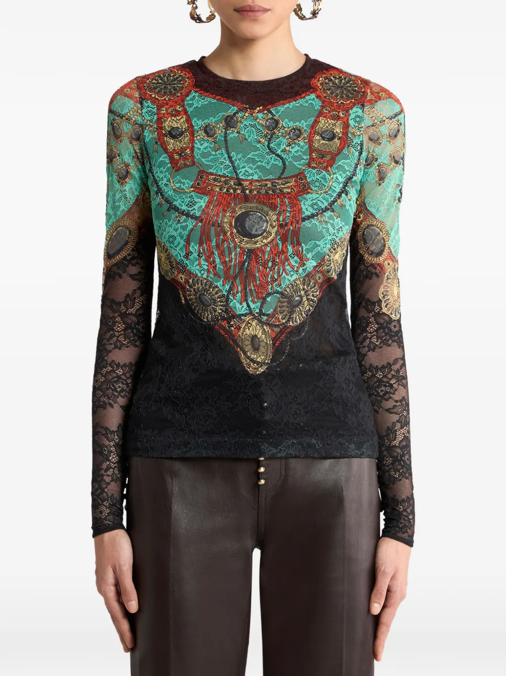 ETRO Jersey trui met kant en sieraden-print Zwart