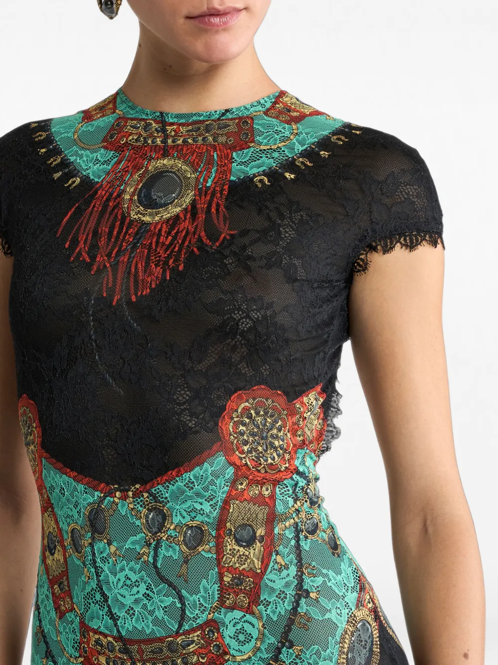 ETRO Maxi-jurk van jersey met kant en sieraden-print Groen
