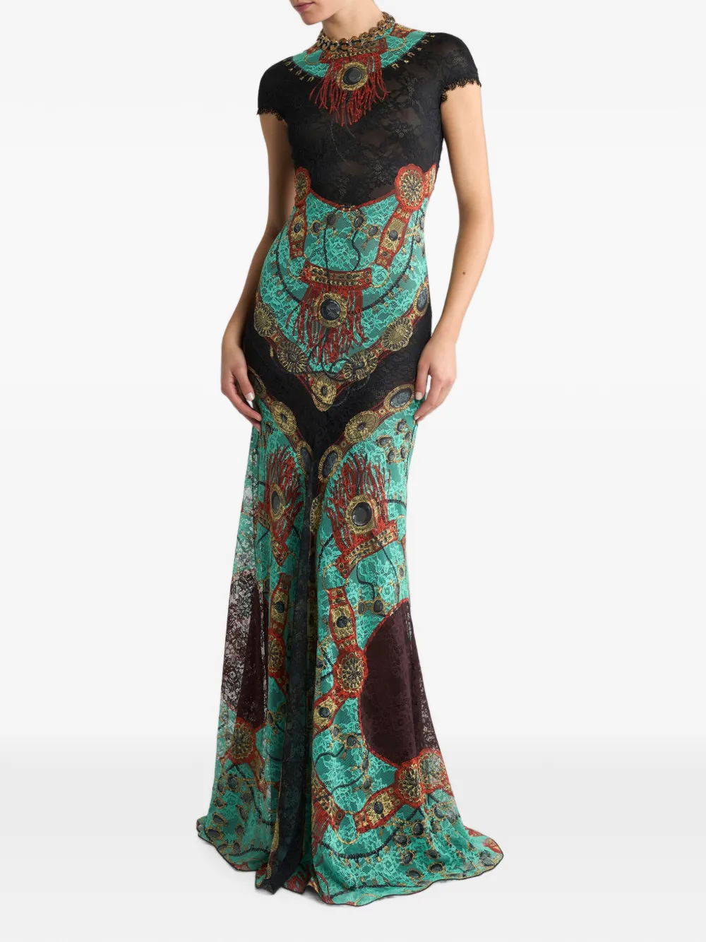 ETRO Maxi-jurk van jersey met kant en sieraden-print Groen