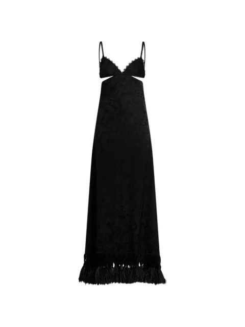 ETRO jacquard long dress with lace, ostrich feathers and Paisley motif