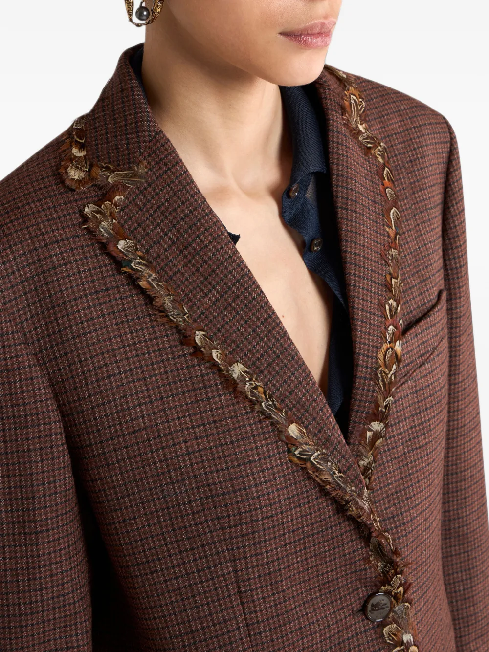 ETRO single-breasted wool jacket with pheasant feathers and micro houndstooth motif Rood