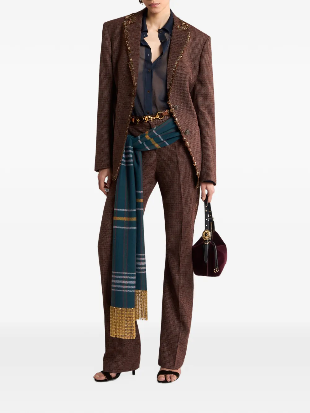 ETRO single-breasted wool jacket with pheasant feathers and micro houndstooth motif Rood