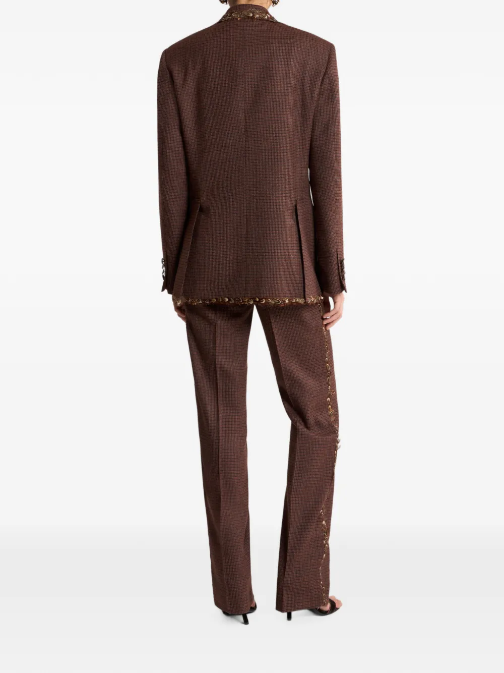 ETRO single-breasted wool jacket with pheasant feathers and micro houndstooth motif Rood