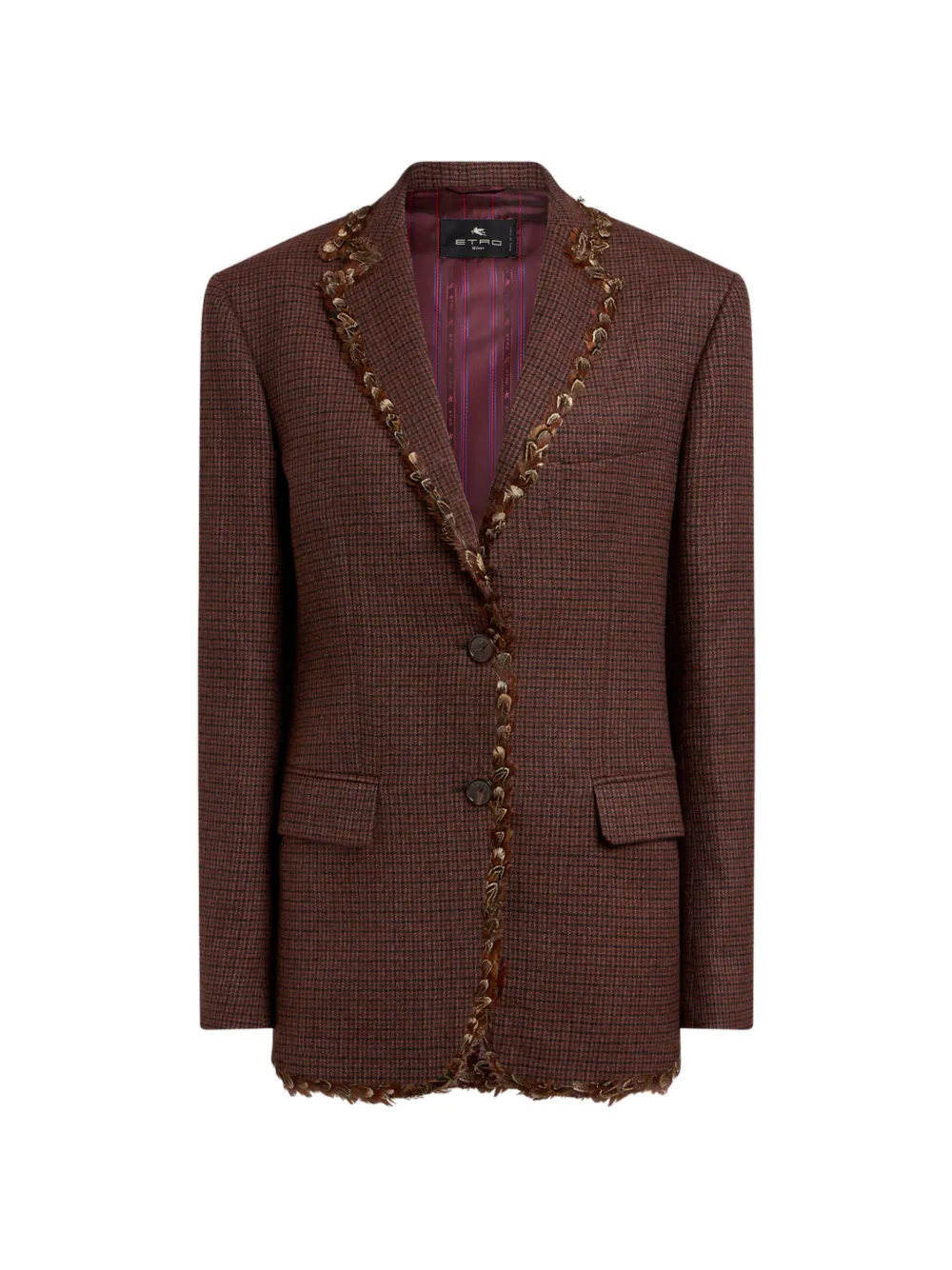 ETRO single-breasted wool jacket with pheasant feathers and micro houndstooth motif Rood