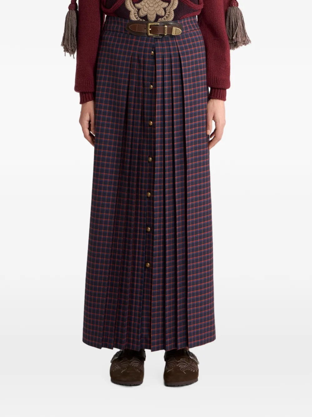 ETRO Wollen maxi-rok met plooien en geruit patroon Blauw