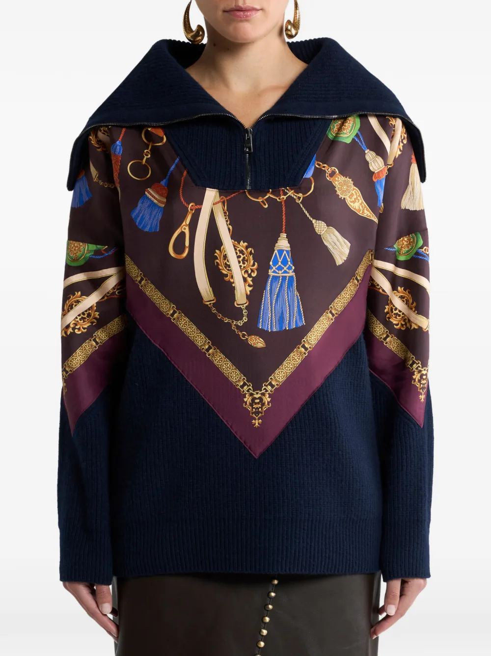 ETRO Wollen en kasjmier trui met rits en zijden inzetstuk Blauw