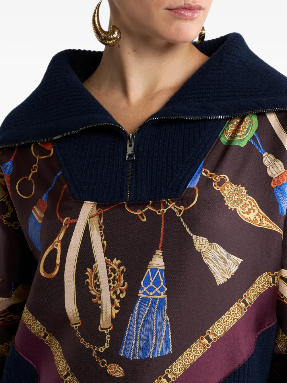 ETRO Wollen en kasjmier trui met rits en zijden inzetstuk Blauw
