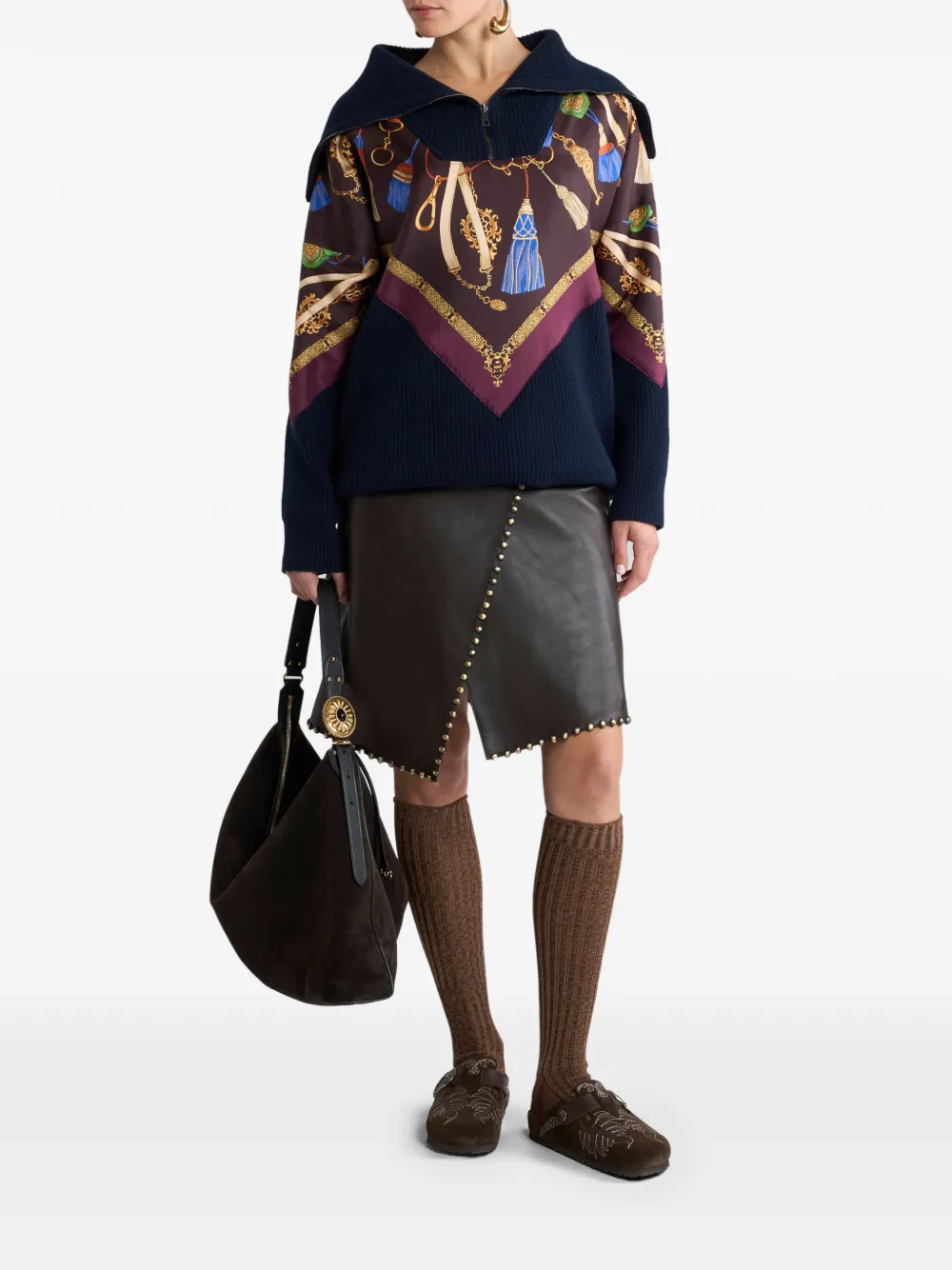 ETRO Wollen en kasjmier trui met rits en zijden inzetstuk Blauw