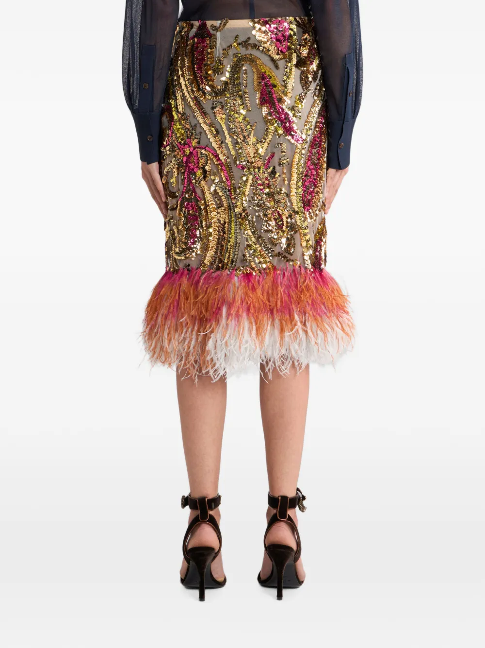 ETRO Rok met pailletten en veren afwerking Goud