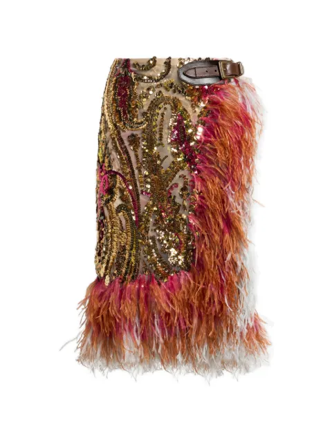ETRO falda larga con lentejuelas y plumas de avestruz