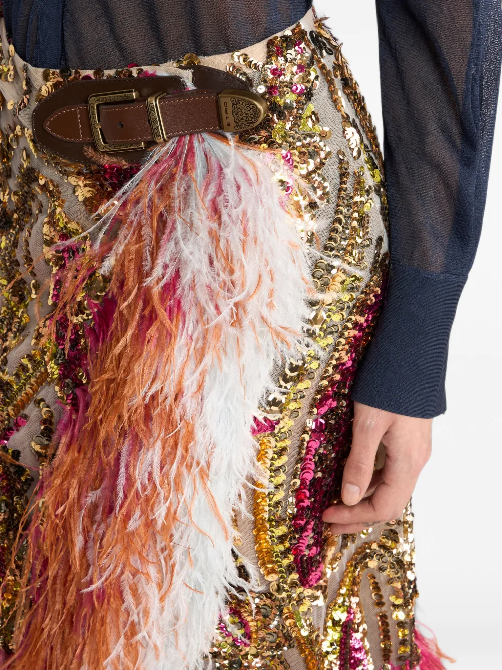 ETRO Rok met pailletten en veren afwerking Goud