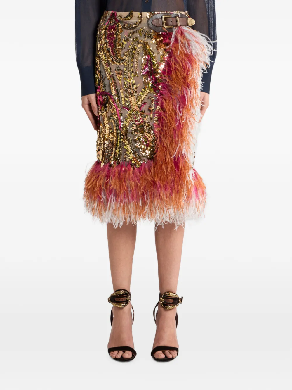 ETRO Rok met pailletten en veren afwerking Goud