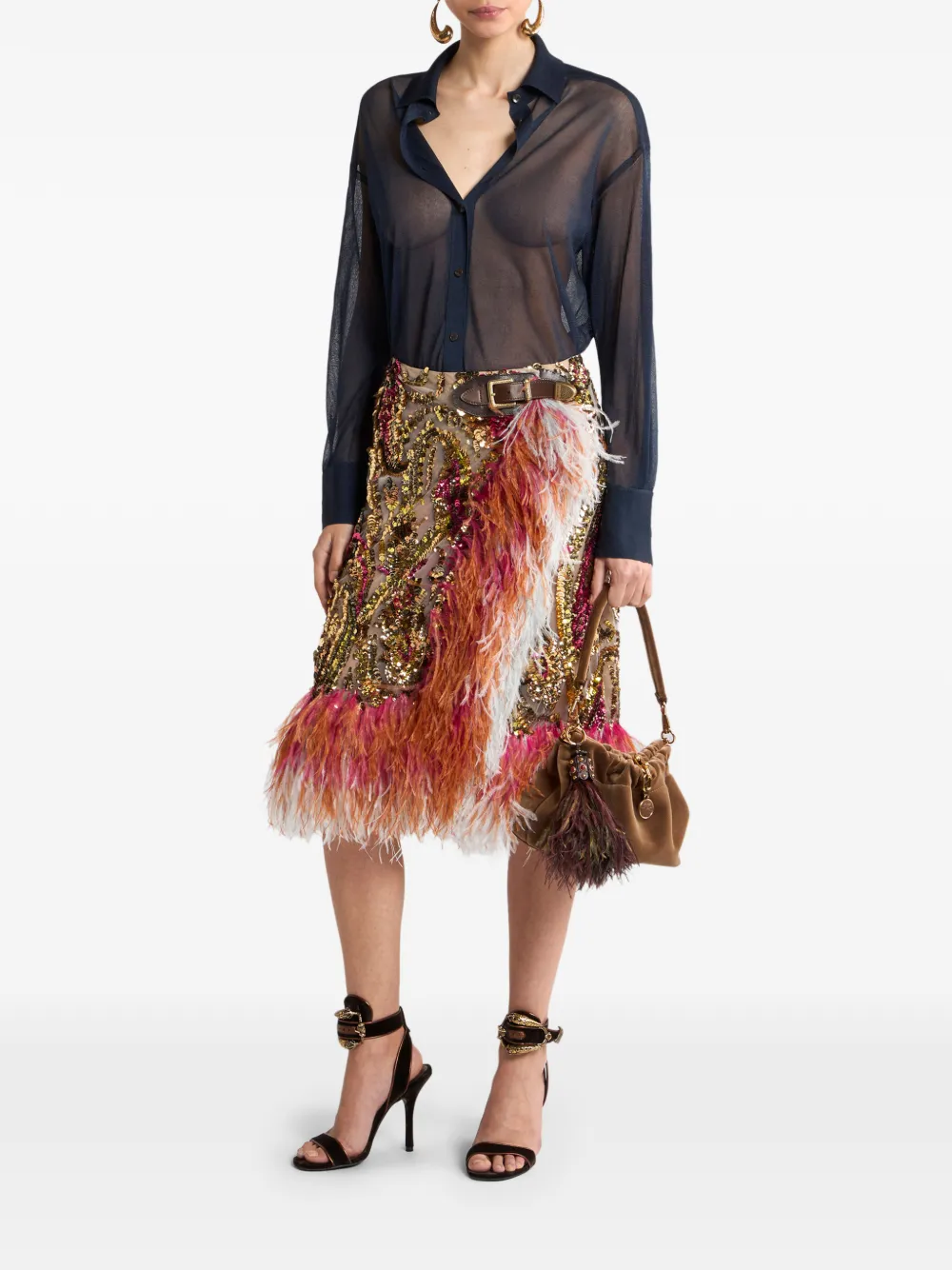 ETRO Rok met pailletten en veren afwerking Goud